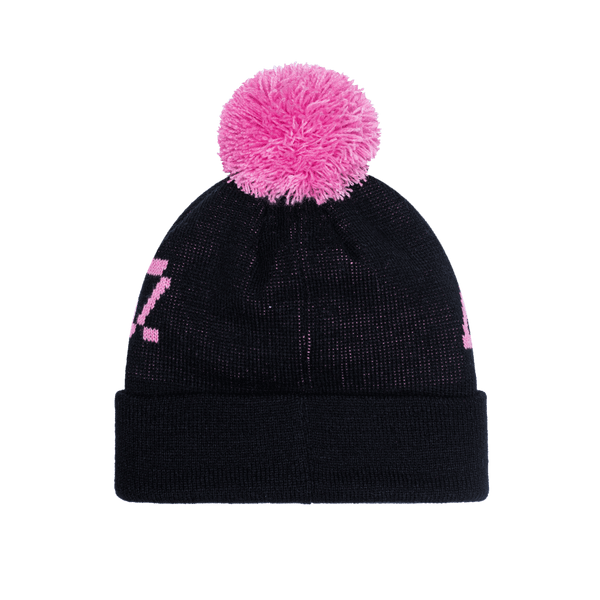 FC Barcelona Pixel Neon Beanie with embroidered club logo on ribbed ruff, club name knitted in hat body, and pom detailing, in Black.