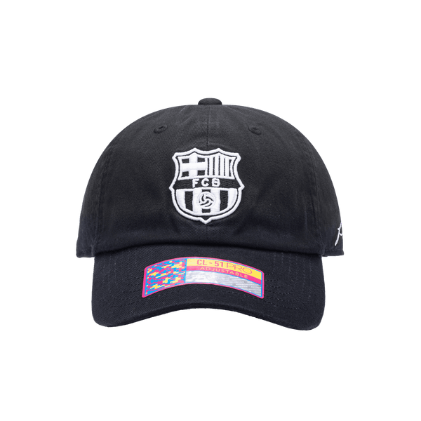 Front view of the FC Barcelona Hit Classic hat with low unstructured crown, curved peak brim, and buckle closure, in black.