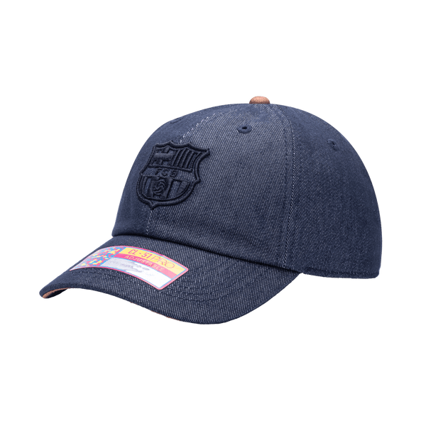 Side view of the FC Barcelona Pegasus Classic hat with low unstructured crown, curved peak brim, and buckle closure, in blue.