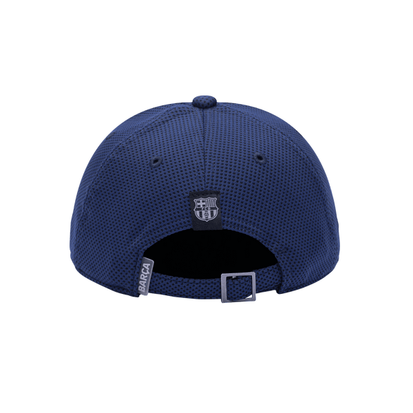 Back view of the FC Barcelona Trophy Adjustable hat with mid constructured crown, curved peak brim, and slider buckle closure, in Navy.