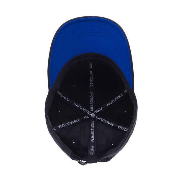 Bottom view of the FC Barcelona Standard Adjustable hat with mid constructured crown, curved peak brim, and slider buckle closure, in Black.