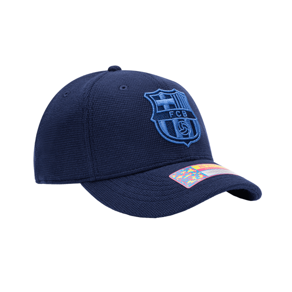 Side view of the FC Barcelona Club Ink Adjustable with high crown, curved brim, and adjustable strap, in blue.