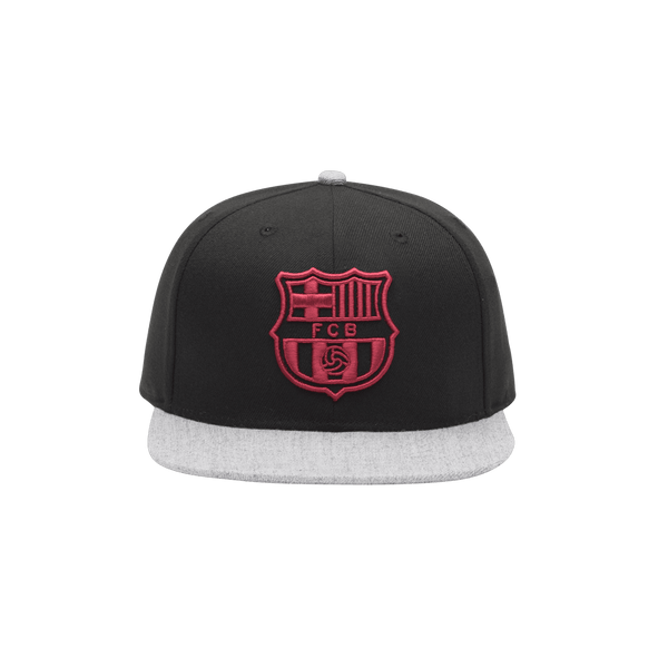 Black FC Barcelona Player Snapback with Black crown, Grey bill and button and red team emblem