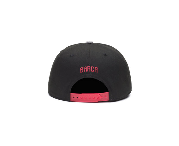 Back side of FC Barcelona Player Snapback with Barca Team name embroidered on the back in red with red snap