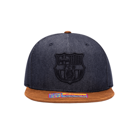 Front view of the FC Barcelona Orion Snapback with high structured crown, flat peak suede-like brim, and snapback closure, in Blue/Brown.