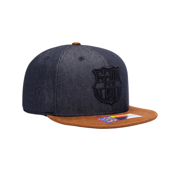 Side view of the FC Barcelona Orion Snapback with high structured crown, flat peak suede-like brim, and snapback closure, in Blue/Brown.