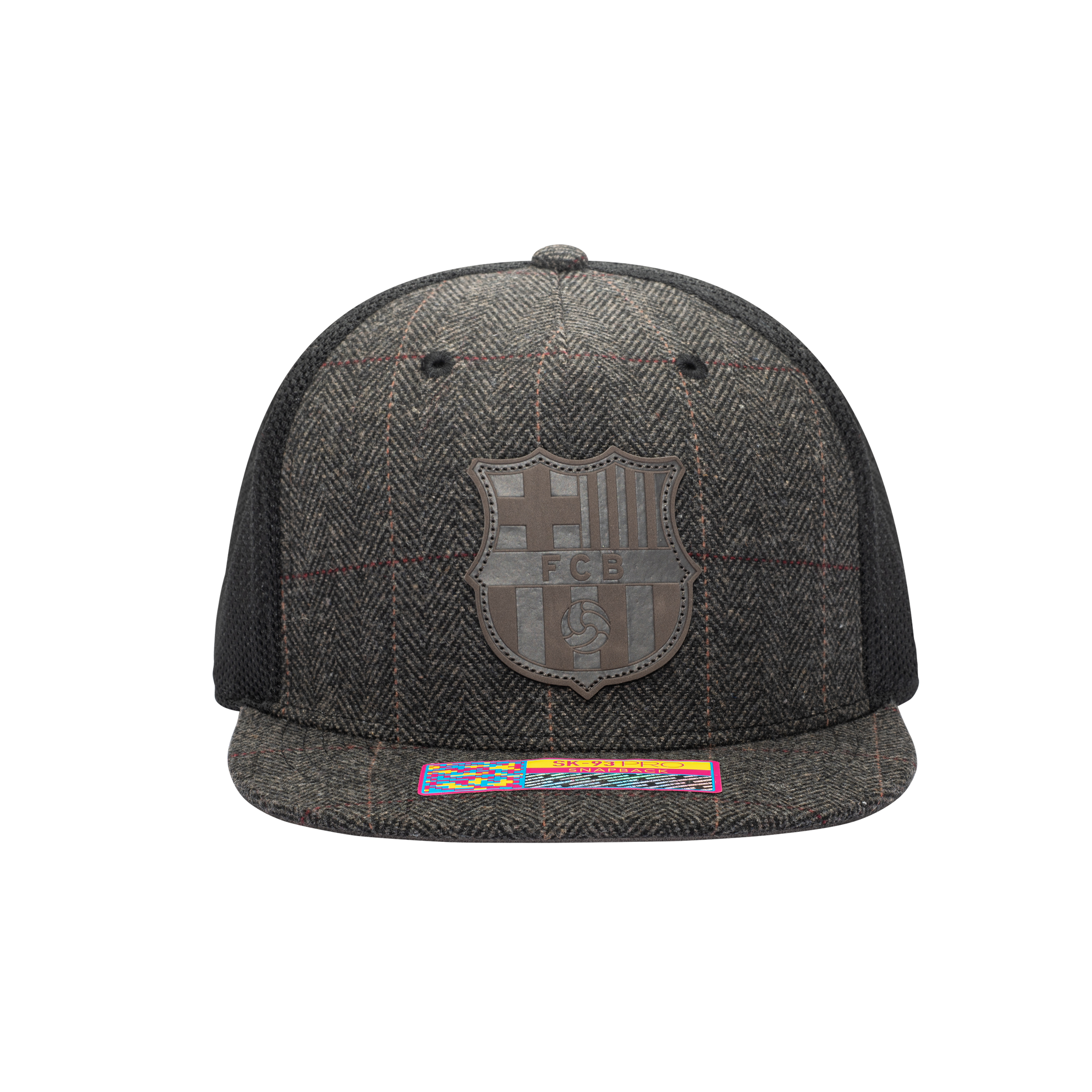 Front view of the FC Barcelona Sherlock Snapback in brown tweed and black panels, with high crown and flat peak.