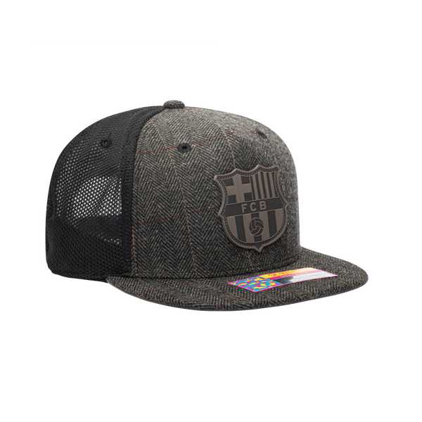 Side view of the FC Barcelona Sherlock Snapback in brown tweed and black panels, with high crown and flat peak.