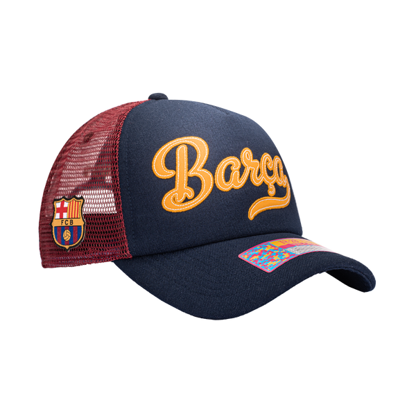 View of right side of FC Barcelona Script Stop Trucker with FCB Team logo etched on the right side