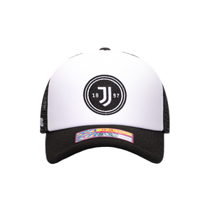 Black White Juventus Script Stop Trucker with black bill, black back panels, and black button on top with white in front