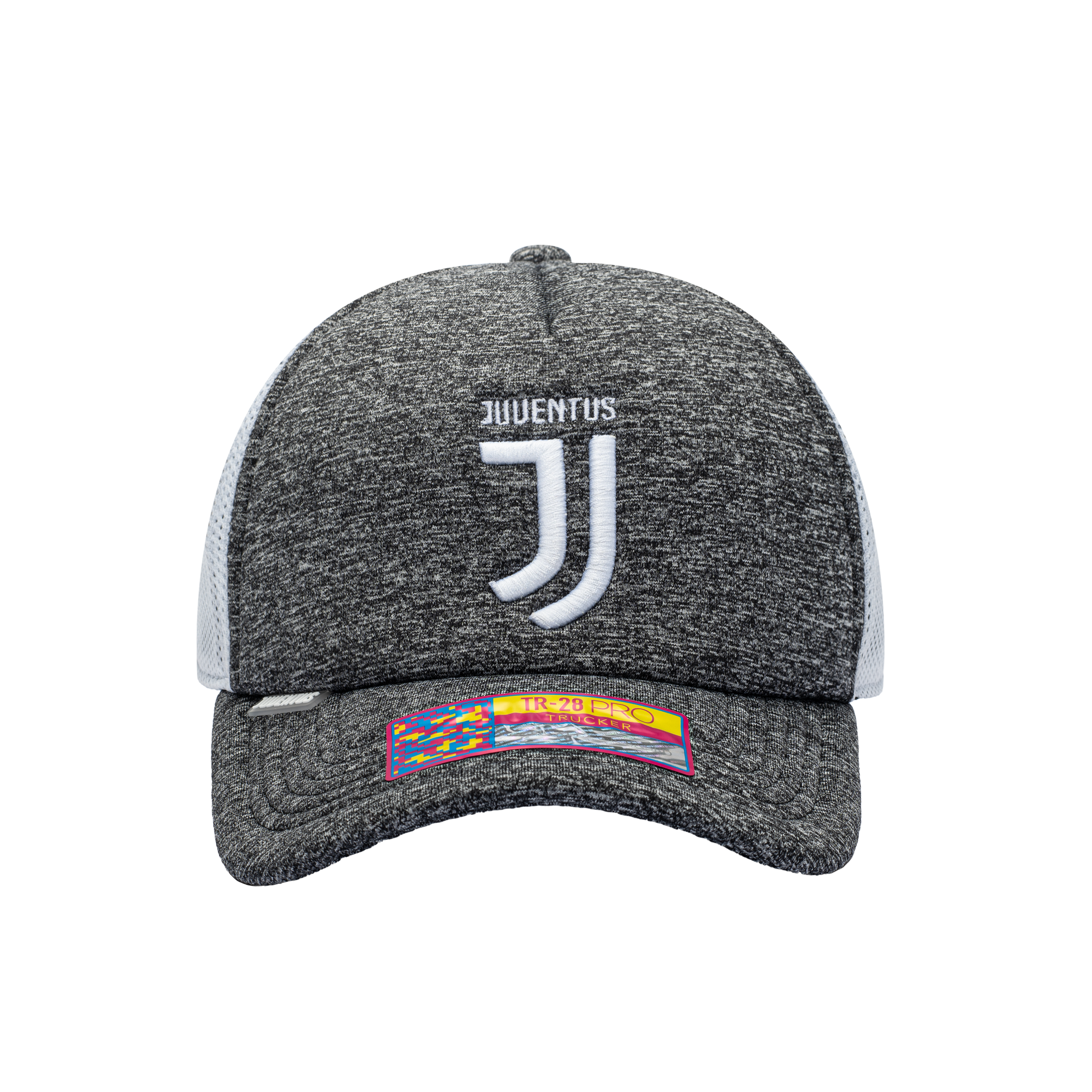 Front view of the Juventus Dribbling Trucker Hat in Grey/White, with a high crown, curved peak, mesh back and snapback closure.