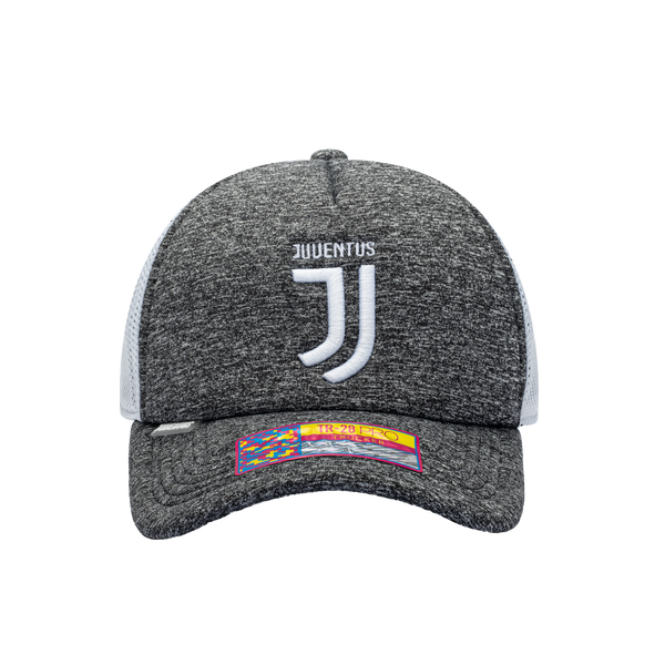 Front view of the Juventus Dribbling Trucker Hat in Grey/White, with a high crown, curved peak, mesh back and snapback closure.