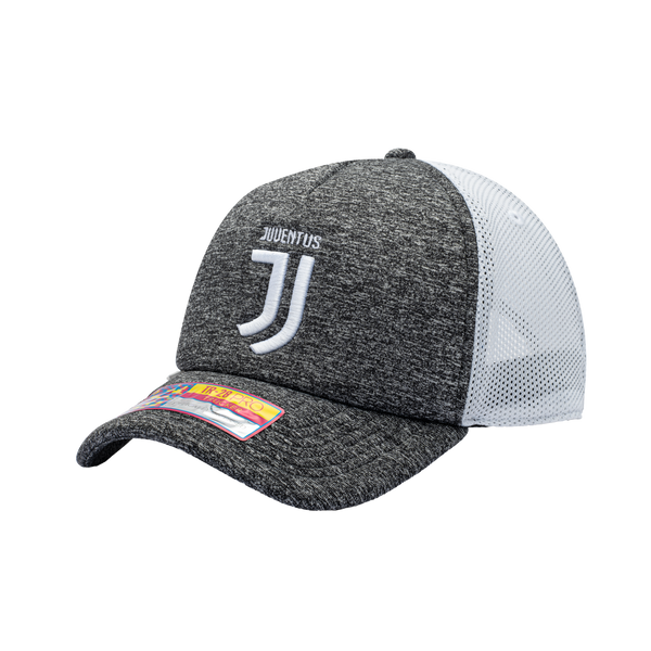 Side view of the Juventus Dribbling Trucker Hat in Grey/White, with a high crown, curved peak, mesh back and snapback closure.