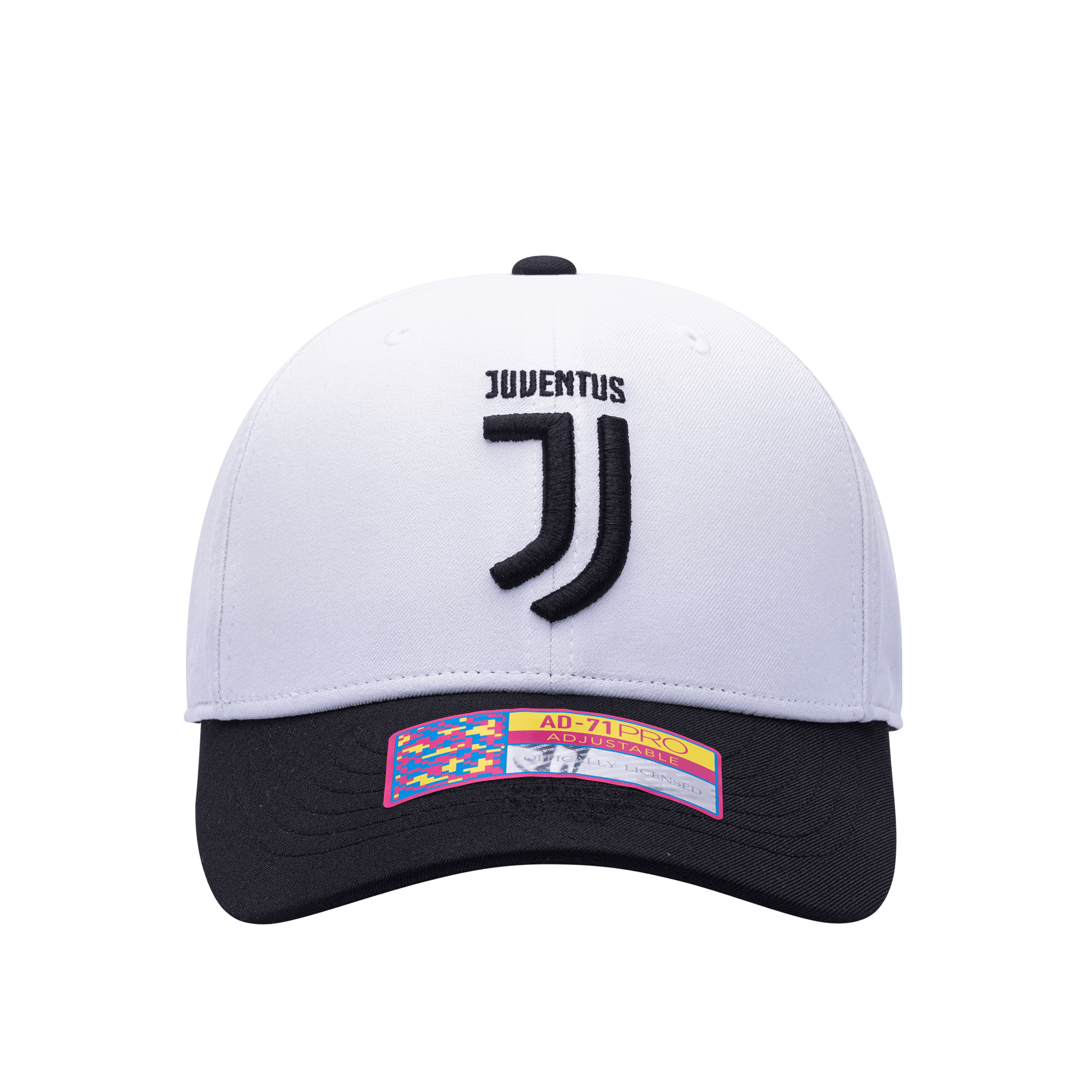 Front view of the Juventus Core Adjustable hat with mid constructured crown, curved peak brim, and slider buckle closure, in White/Black.