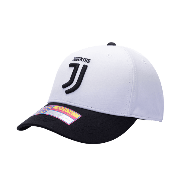 Side view of the Juventus Core Adjustable hat with mid constructured crown, curved peak brim, and slider buckle closure, in White/Black.