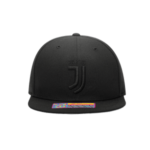 Front view of Juventus Dusk Snapback with high crown, flat peak, and snapback closure, in Black