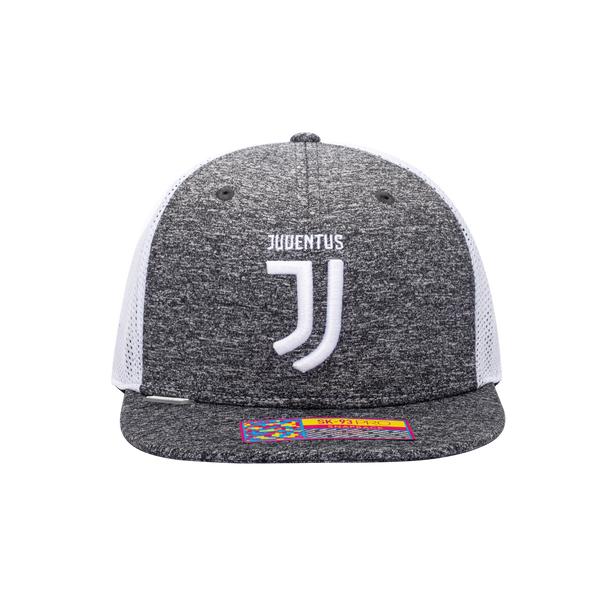 Front view of the Juventus Dribbling Snapback in marled grey with white panel, in a high crown and flat peak.