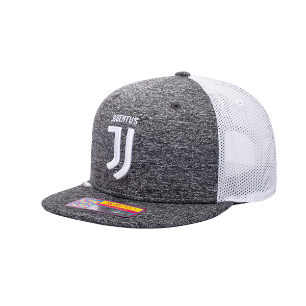 Side view of the Juventus Dribbling Snapback in marled grey with white panel, in a high crown and flat peak.