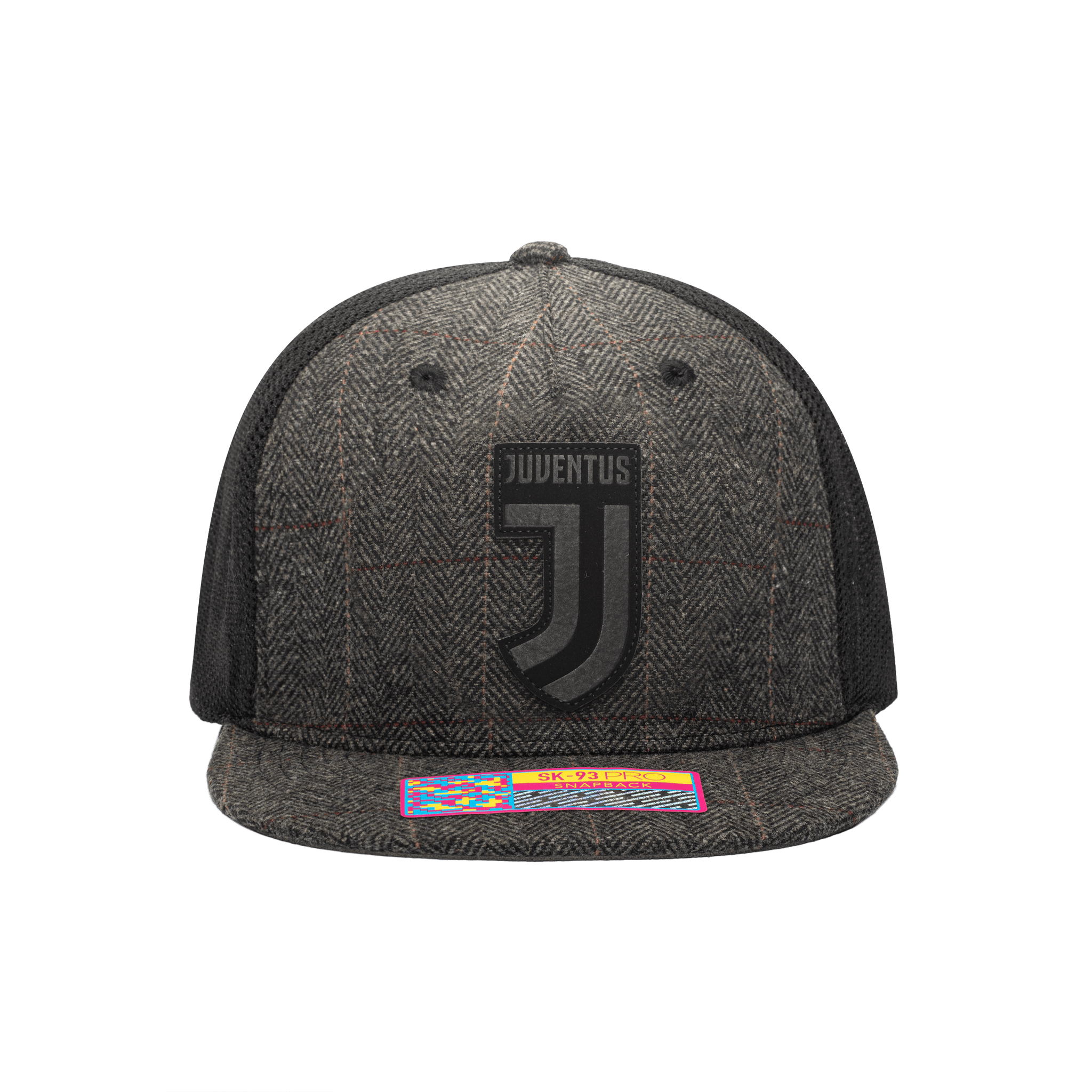 Front view of the Juventus Sherlock Snapback with high structured crown, flat peak brim, and snapback closure, in Grey/Black.