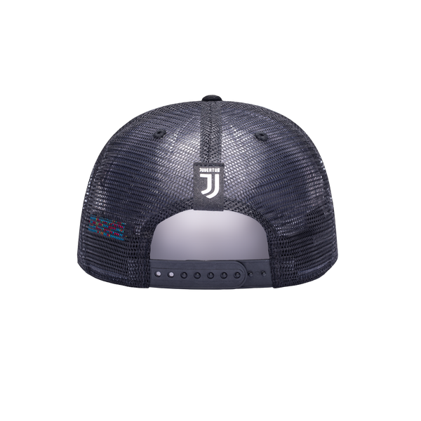 View of back side of Black Juventus Shield Snapback with Team tag on the back JUVE