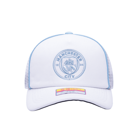 Front view of the Manchester City Cali Day Trucker with mid crown, curved peak, and snapback closure on mesh back, in white.