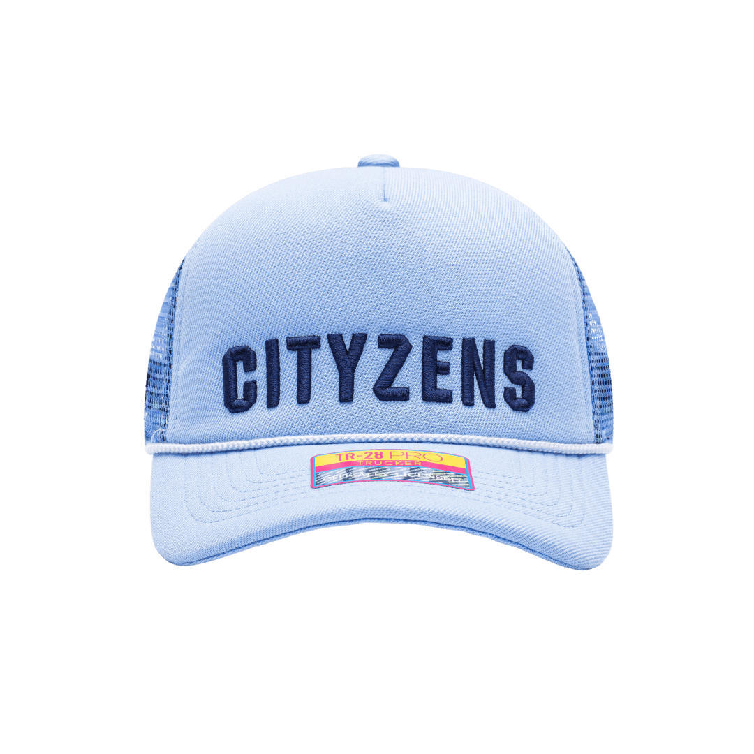 Manchester City Pride Trucker with mid crown, curved peak brim, mesh back, and snapback closure, in Light Blue