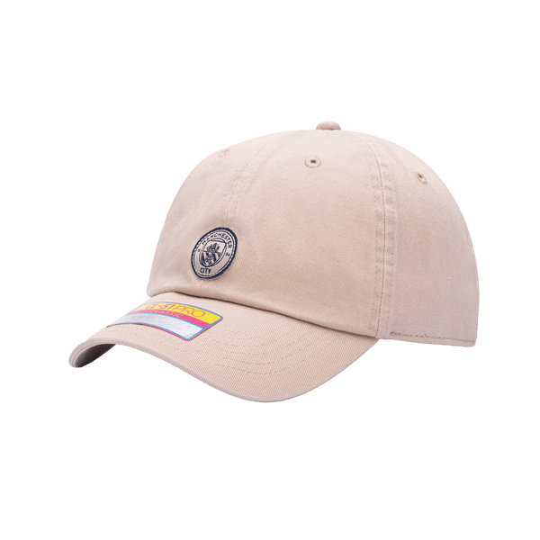 Side view of the Manchester City Safari Classic Adjustable with low crown, curved brim, and adjustable strap, in brown.