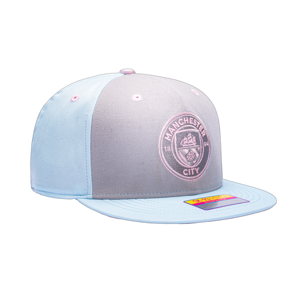 View of right side of Blue grey pink Manchester City Soft Touch Snapback. Grey front panel, blue back panels and bill