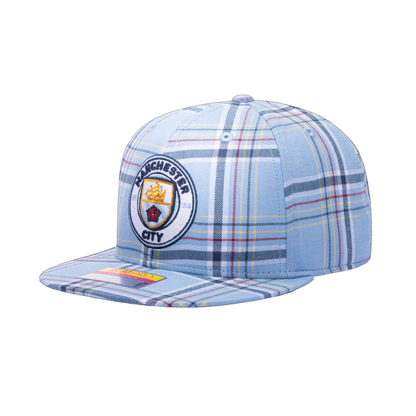 View of left side of Manchester City Hooligan Snapback blue plaid plaid