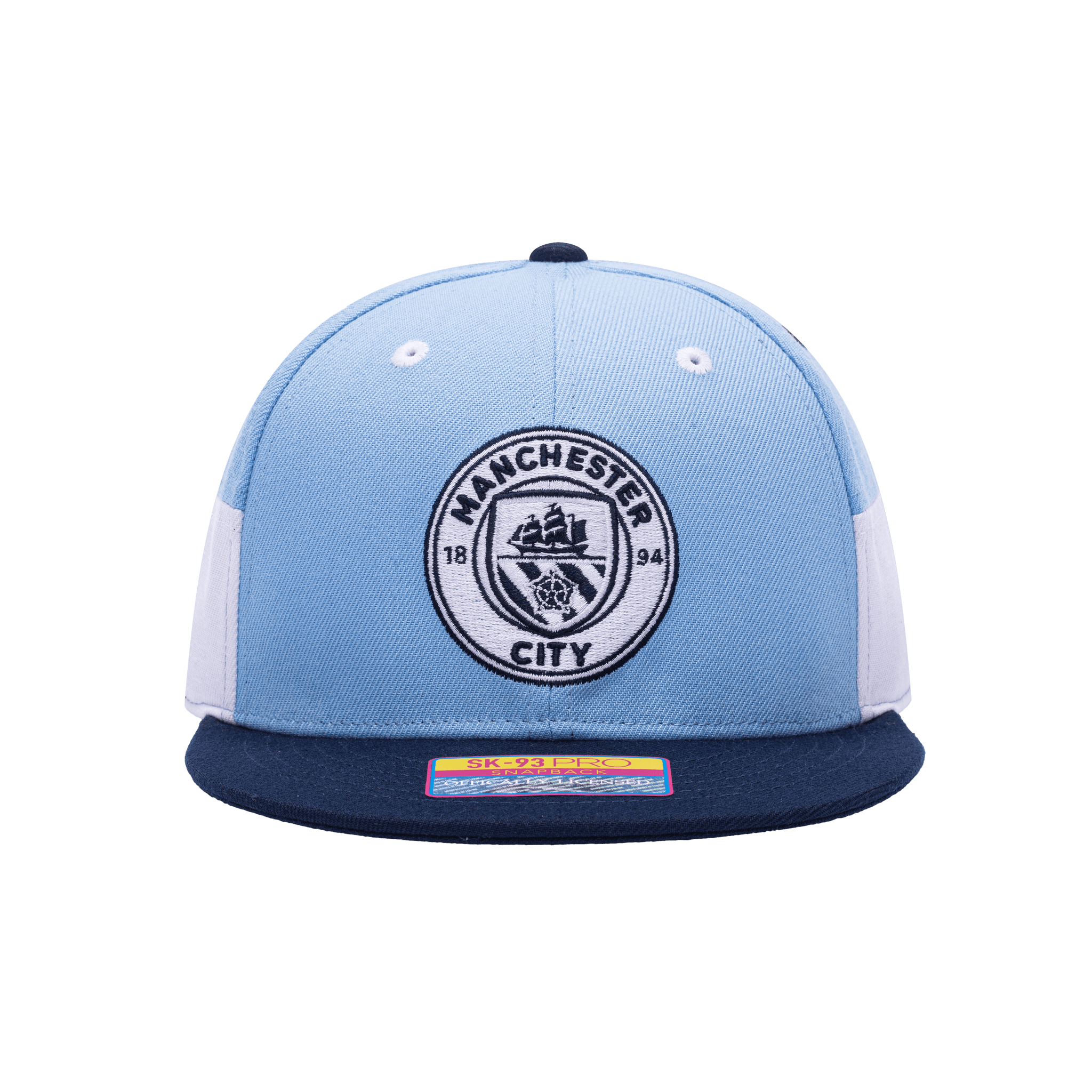 Front view of the Manchester City Truitt Snapback with high crown, flat peak, and snapback closure, in Teal/White.