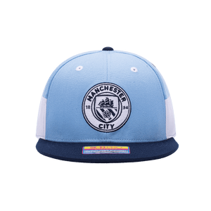 Front view of the Manchester City Truitt Snapback with high crown, flat peak, and snapback closure, in Teal/White.