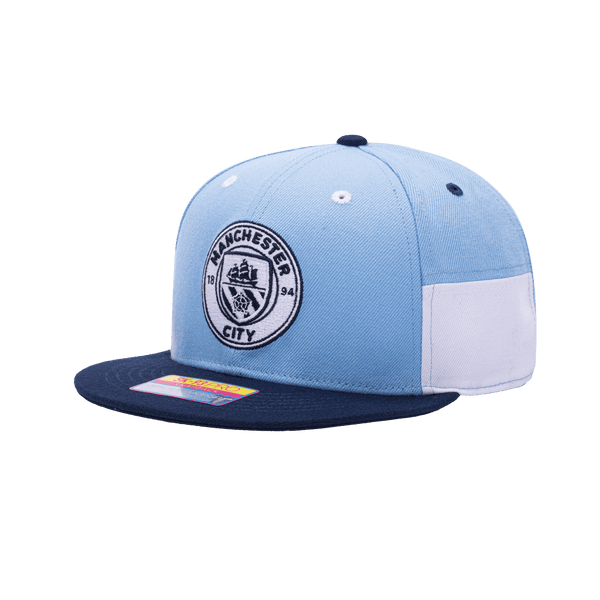 Side view of the Manchester City Truitt Snapback with high crown, flat peak, and snapback closure, in Teal/White.