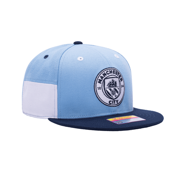 Side view of the Manchester City Truitt Snapback with high crown, flat peak, and snapback closure, in Teal/White.