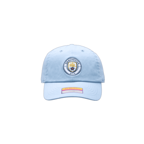 Manchester City Bamo Kids Classic hat with low, unconstructed crown, curved peak, and flip buckle closure, in Light Blue
