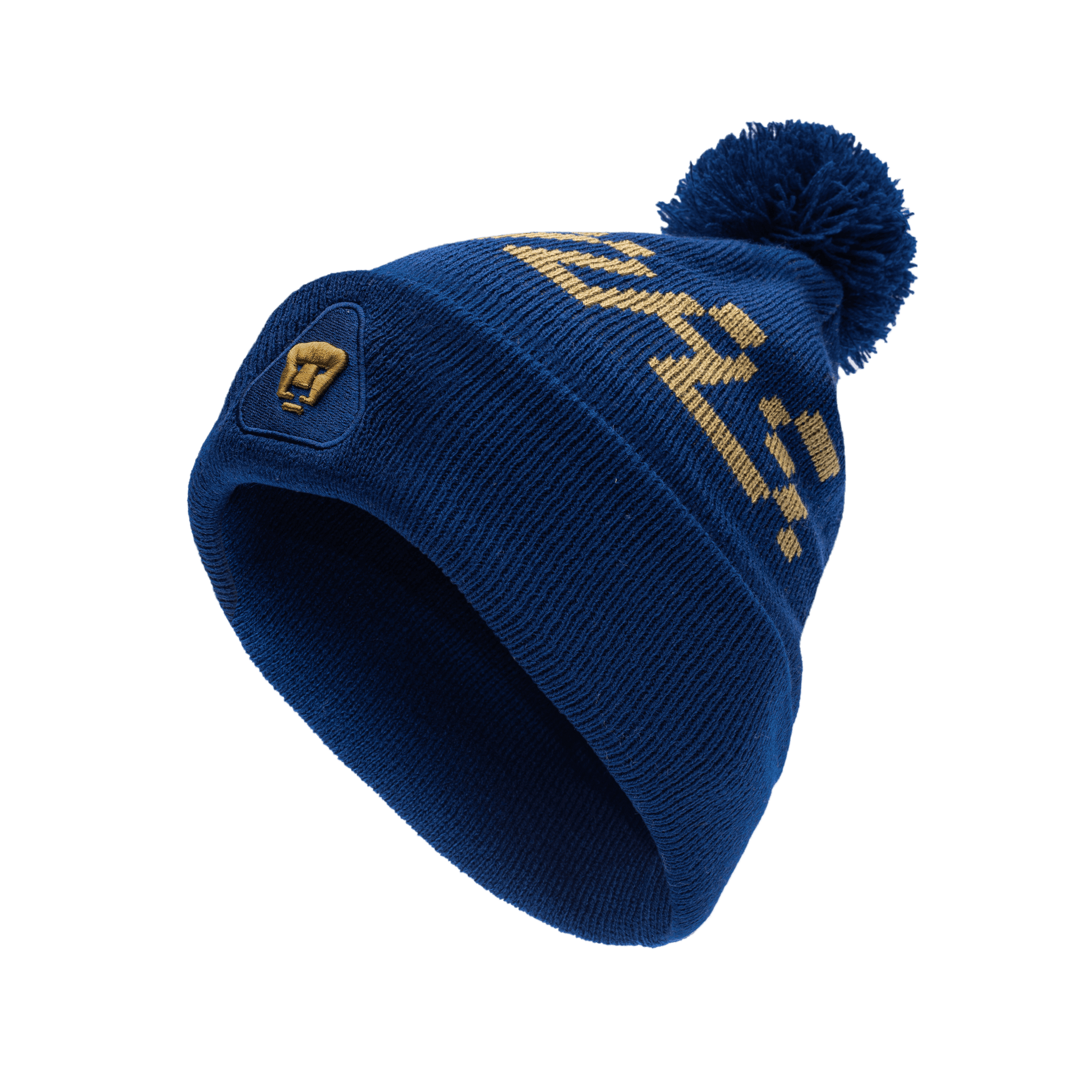 Pumas Pixel Beanie with embroidered club logo on ribbed ruff, club name knitted in hat body, and pom detailing, in Navy.