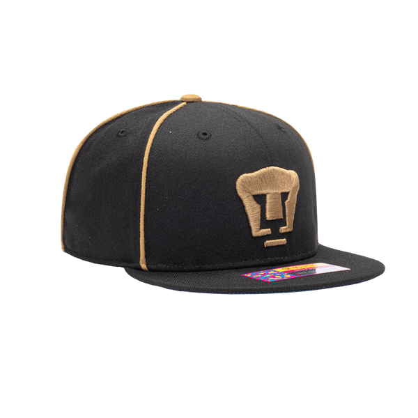 Side view of the Pumas Cali Night Snapback with high crown, flat peak, and snapback closure, in black/gold.