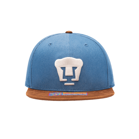 Blue Pumas Orion Snapback with brown bill and button on top