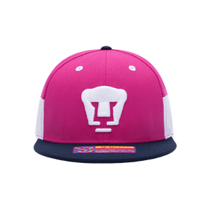 Front view of the Pumas Truitt Snapback with high crown, flat peak, and snapback closure, in Pink/White.