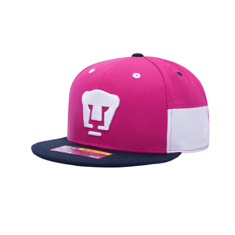 Side view of the Pumas Truitt Snapback with high crown, flat peak, and snapback closure, in Pink/White.