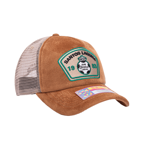 Side view of the Santos Laguna Camionero Trucker with high crown, curved peak, and snapback closure on mesh back, in brown.