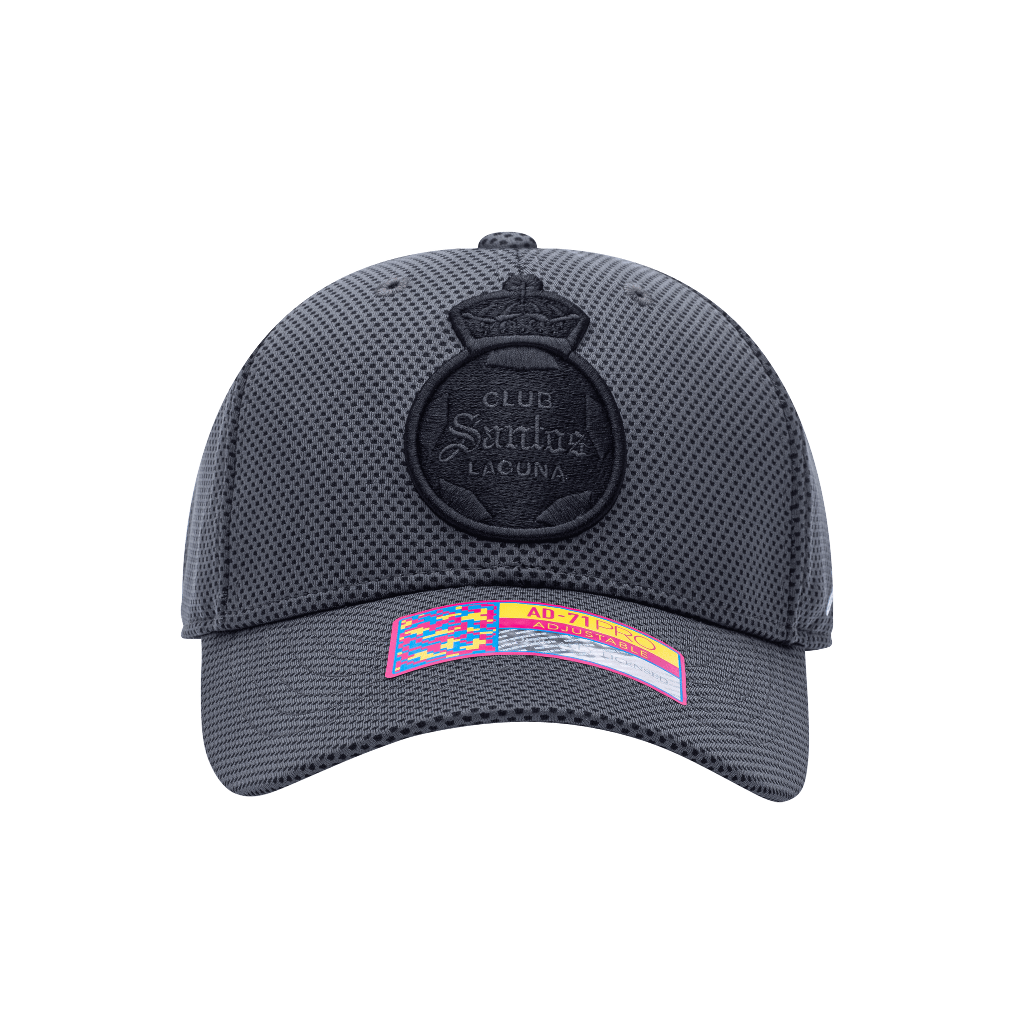 Front view of the Santos Laguna Trophy Adjustable hat with mid constructured crown, curved peak brim, and slider buckle closure, in Dark Grey.