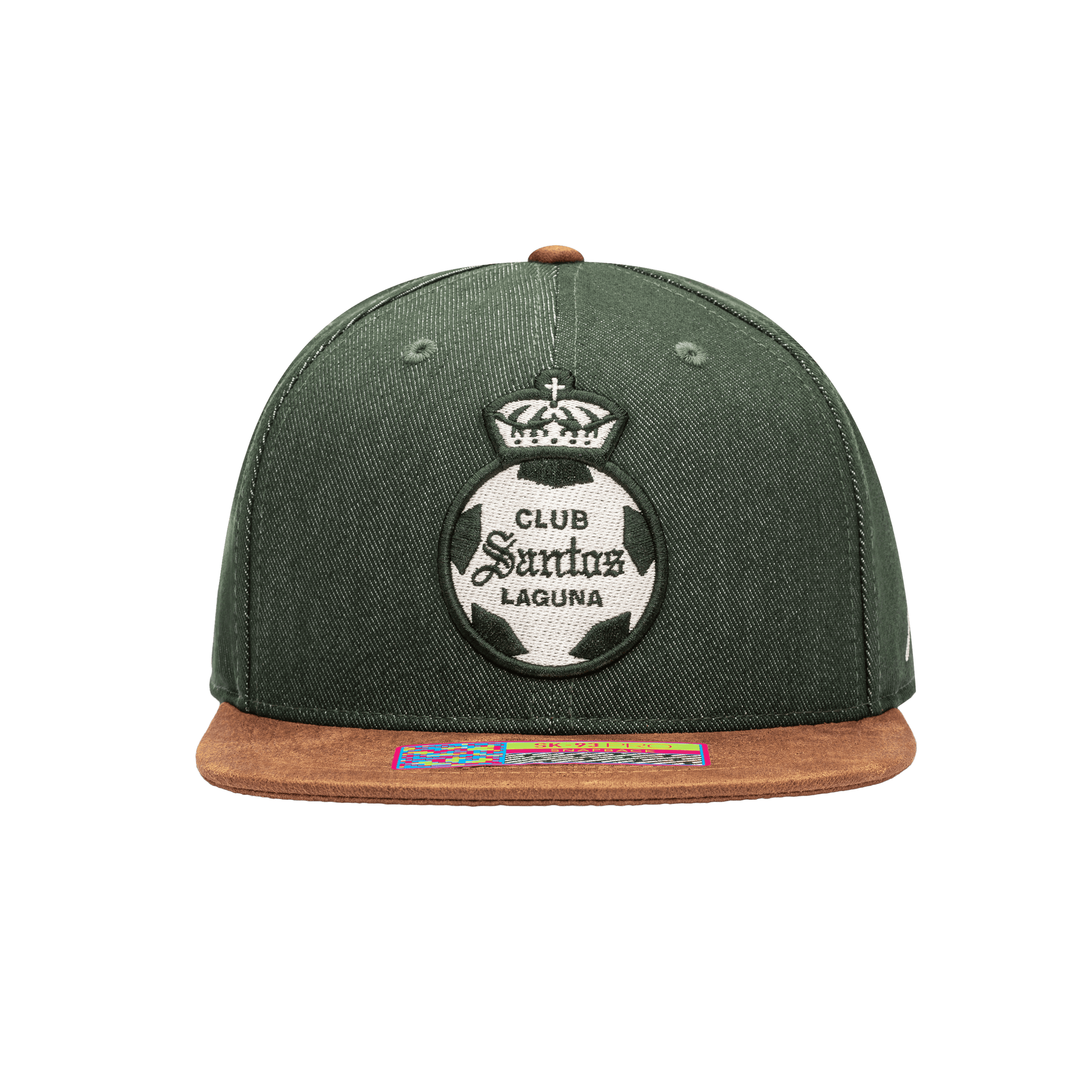 Front view of the Santos Laguna Orion Snapback with high structured crown, flat peak suede-like brim, and snapback closure, in Green/Brown.