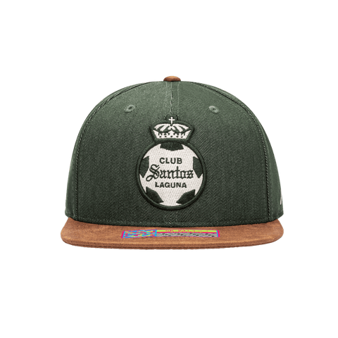 Front view of the Santos Laguna Orion Snapback with high structured crown, flat peak suede-like brim, and snapback closure, in Green/Brown.