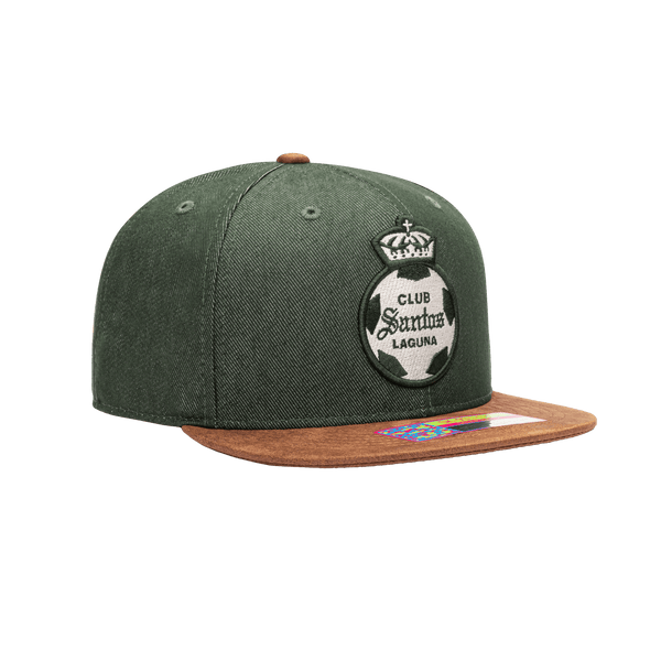 Side view of the Santos Laguna Orion Snapback with high structured crown, flat peak suede-like brim, and snapback closure, in Green/Brown.